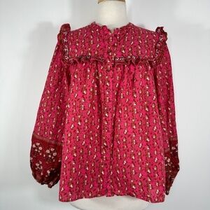 Joie Women Pink Ballon Long Sleeve Rushed Buttons 100% Cotton Boho Blouse Sz L